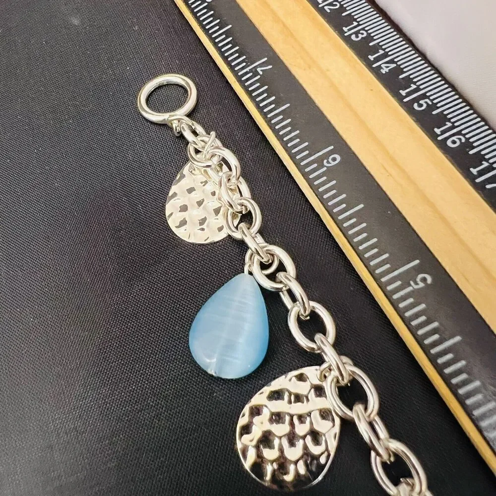 Blue Silver Tone Charm Dangle Drop Bracelet Spring Summer 7” 1477